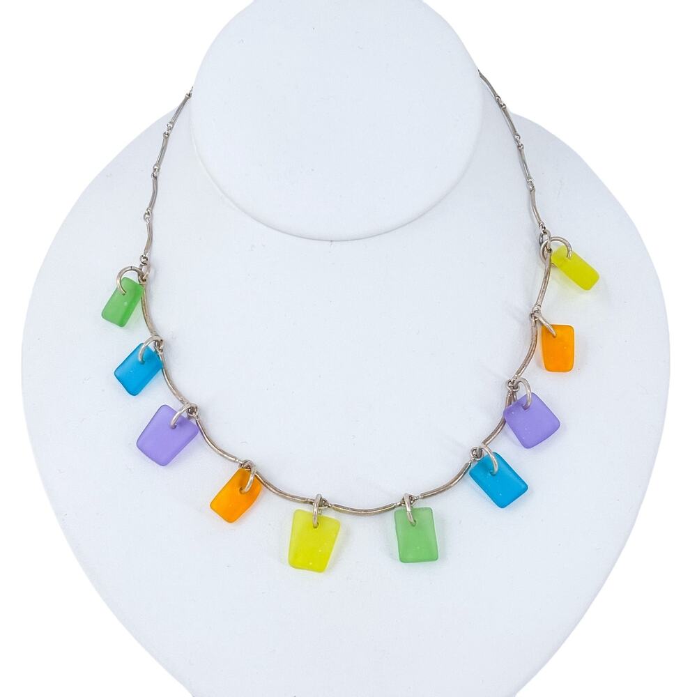Vintage Sterling Silver 925 Multi Color Sea Glass Necklace 15.5"